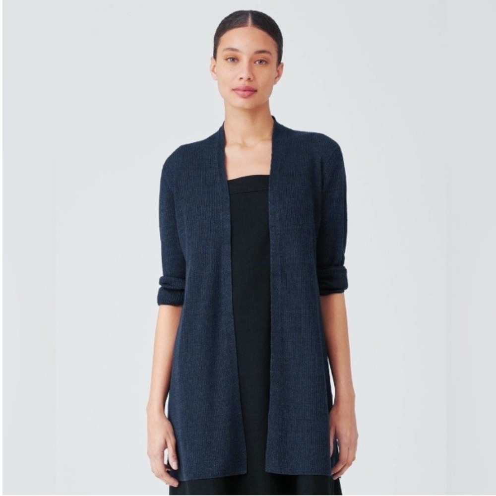 Eileen Fisher Organic Linen Delave Rib Long Cardigan Blue Medium S3GIZ-K3500